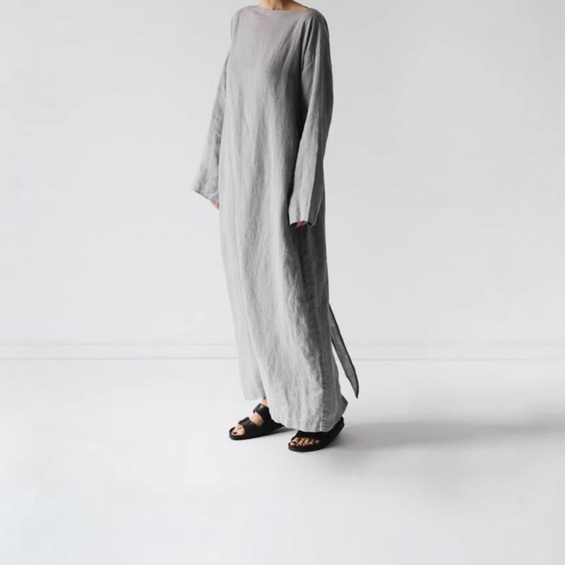 

2025 Amazon New Cotton and Linen Long Dress with Long Sleeves, Off-The-Shoulder Neckline, and Tie-Up Dress Brown L