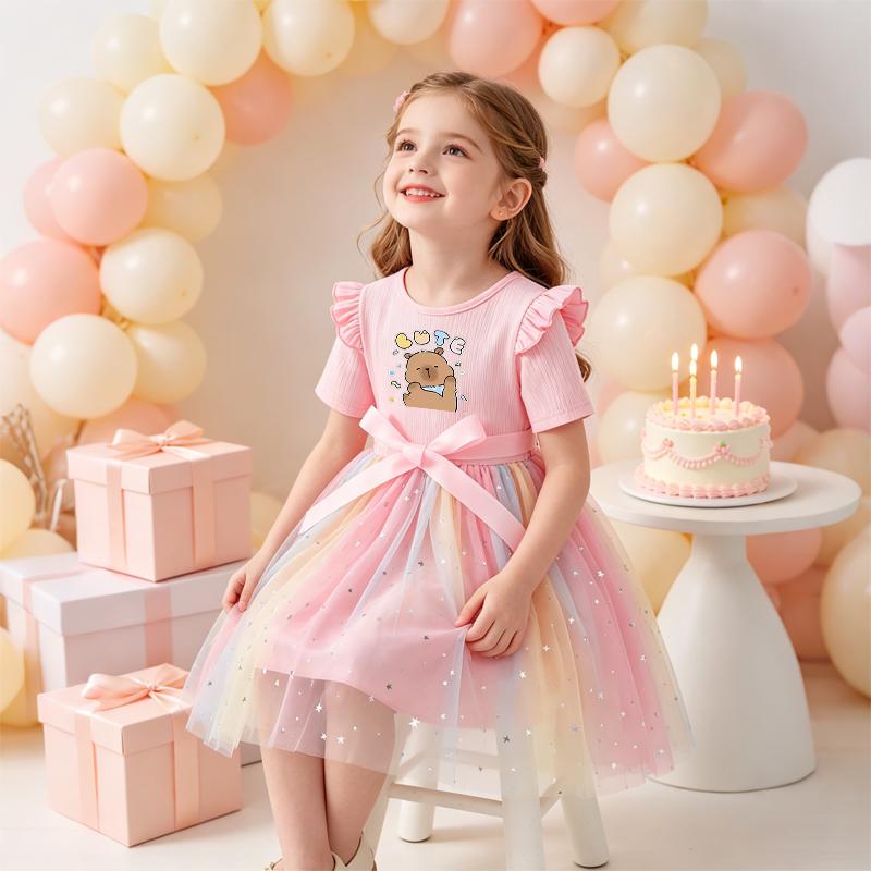 Girls Star Tulle Dress,The rabbit holds a carrot with a floral print, Cute Princess Party Dress with Bow, Short Sleeve Summer Dress for Little Girls