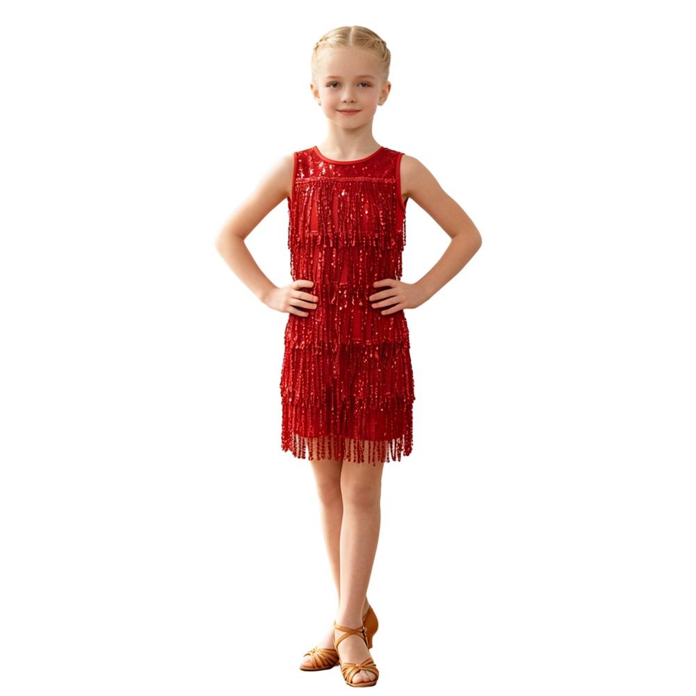 3-14 Years Kids Girls Sleeveless Fringed Sequin Latin Dance Dress Performance Dress 100