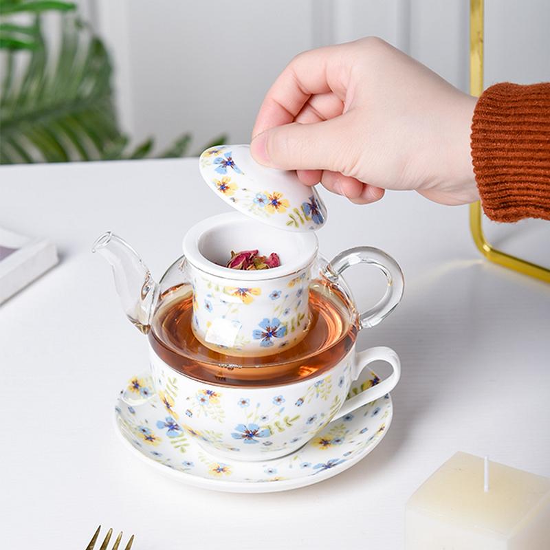 Zestaw do herbaty dla jednej osoby z motywem kwiatowym Kwiat wiśni Szklany czajniczek Porcelanowy spodek i filiżanka z pudełkiem prezentowym