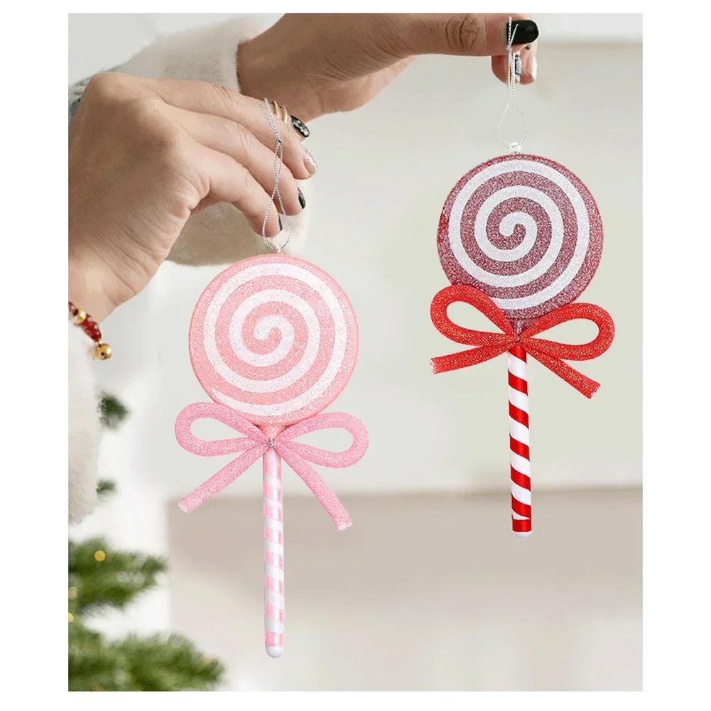 4pcs Christmas Lollipop Decoration Christmas Red And Pink Lollipop Ornament With Bow Holiday Treats Hanging DIY Decorations