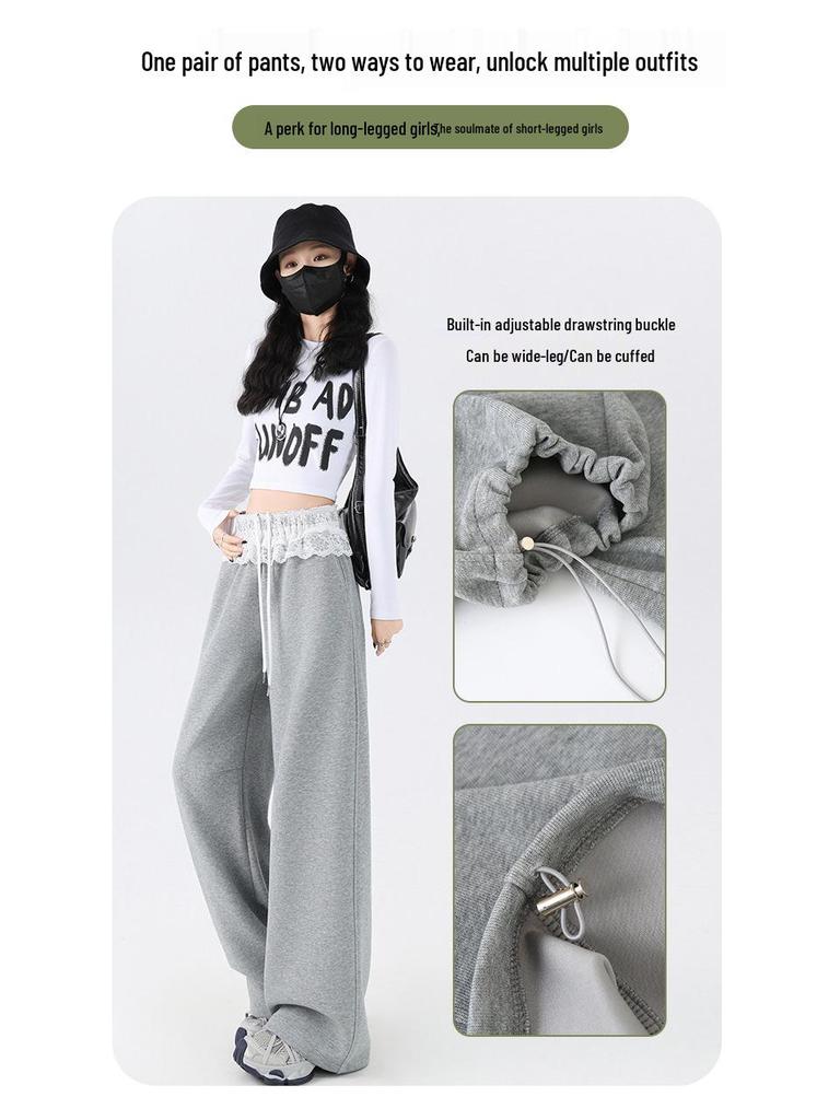 Lace Mesh Patchwork Drawstring Women's Wide-Leg Pants - Spring Comfort, Lazy Style, Versatile & Trendy Sweatpants.
