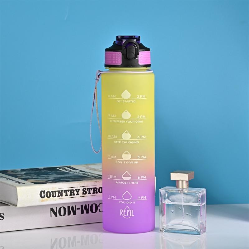 1L Motivational Sport Water Bottle Plastic Water Cup with Time Scale Outdoor Gradient Color Drinking Bottle Fitness Straw Mug