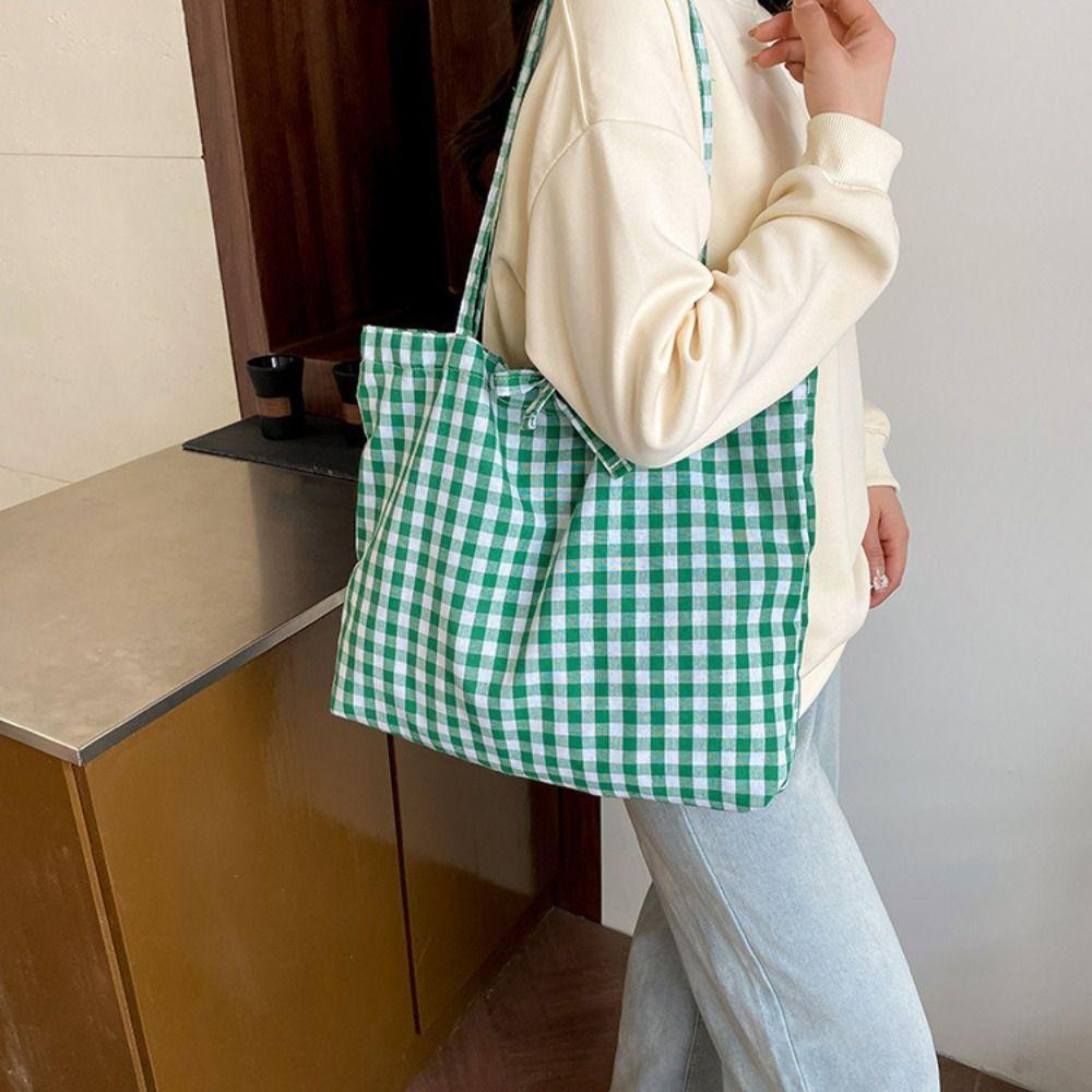 Check Lattice Tote Bag Grid Canvas Bag Portable Red Plaid Shoulder Bag  Streetwear