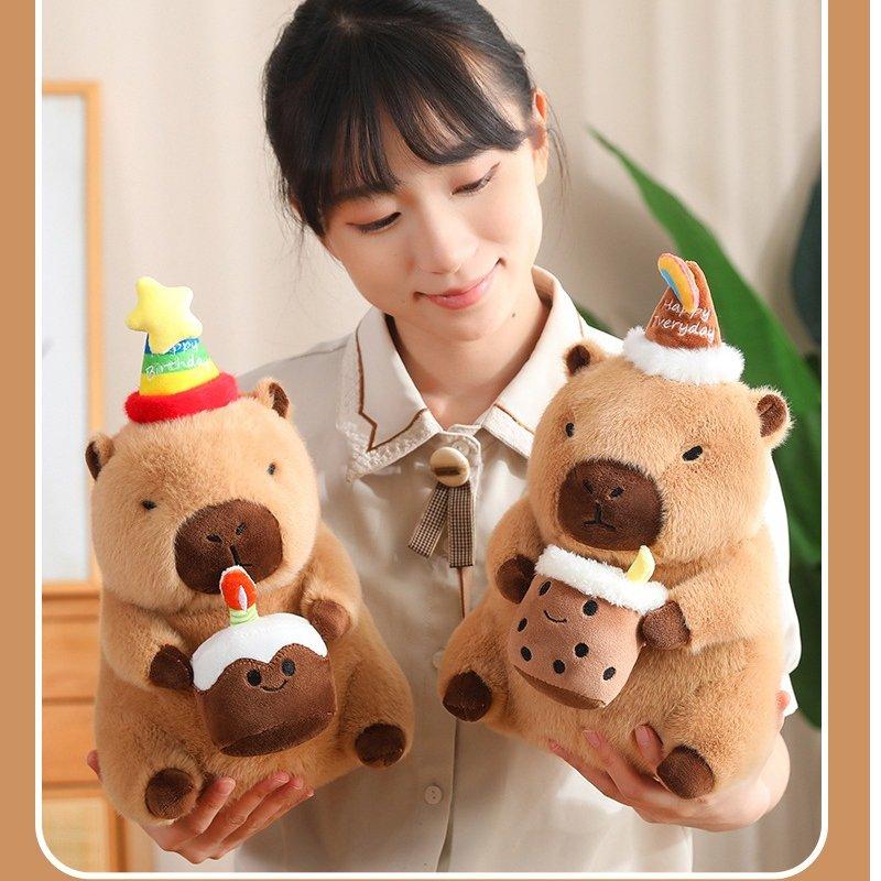 Happy Capybara Birthday Plush Toy Doll Pillow Milk Tea Cake Decoration Flower