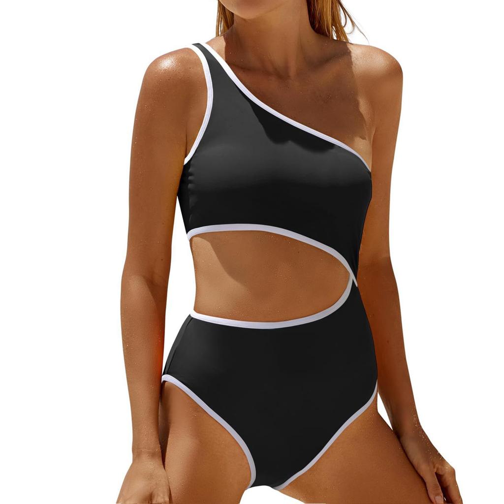 Women's Fashion Color Block One-Shoulder One-Piece Swimsuit