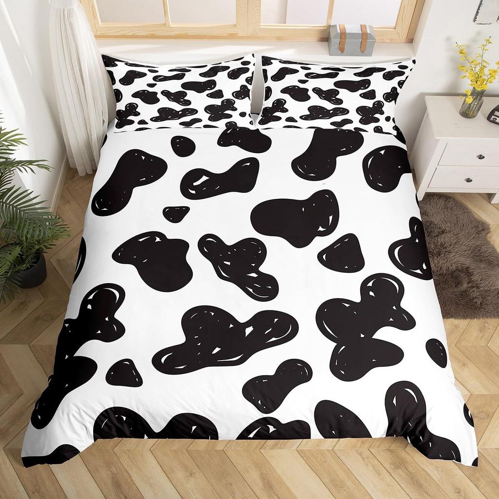 Cow Print Bedding Set King Size Kids Black White Duvet Cover Set Cartoon Milk Cow Comforter Cover Animal Farmhouse Quilt Cover