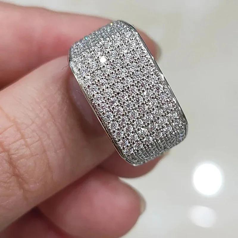 Fashion Micro Inlaid Flat Zircon  Sterling Silver Rings for Women Wedding Statement  with Stamp Vintage Accessories