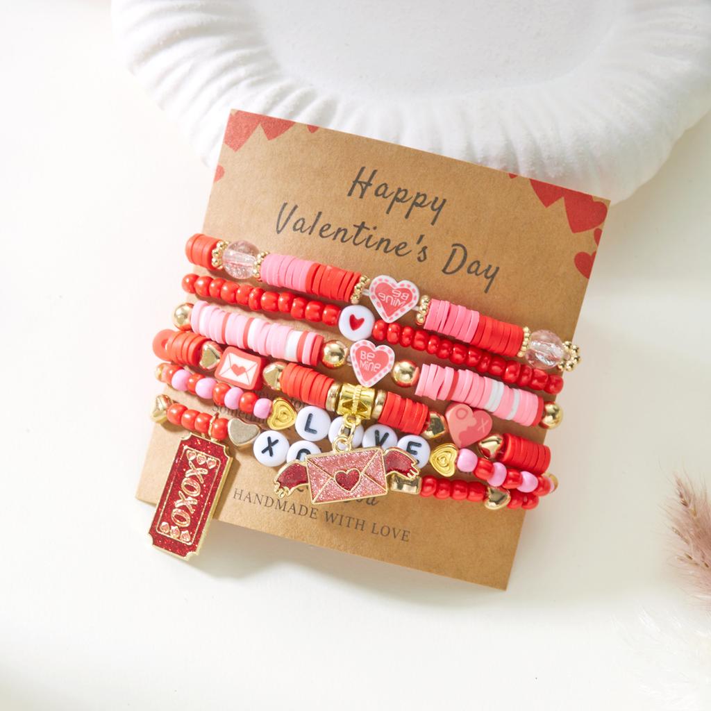 6Pcs/Set Romantic Love Heart Pendant Bracelets for Women Girls Cute Pink Soft Clay Beaded Bangles Valentine's Day Jewelry Gift
