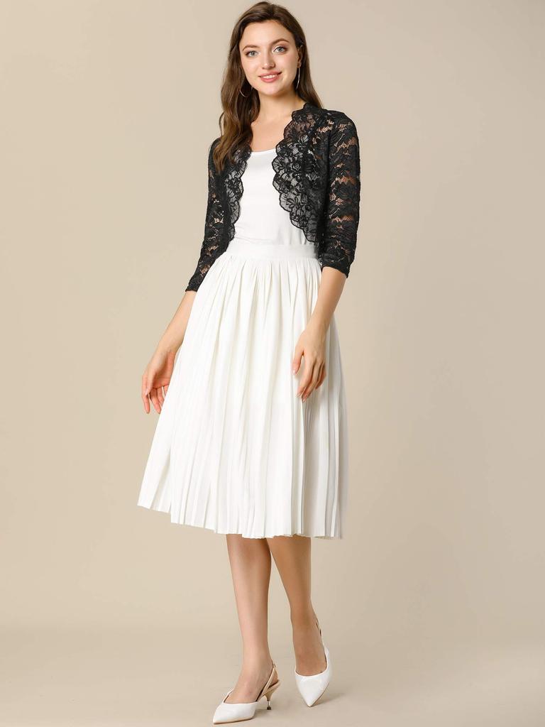 Allegra K Lace Full Sheer Floral Print Shrug Open Size 2XL Bolero, Lace, Top, 3/4 Sleeves, Front, Elegant, Women's, Black,