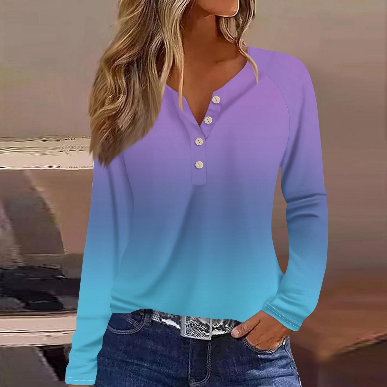 

Женская модная повседневная футболка с V-образным вырезом и длинным рукавом с принтом в стиле градиента и пуговицами M