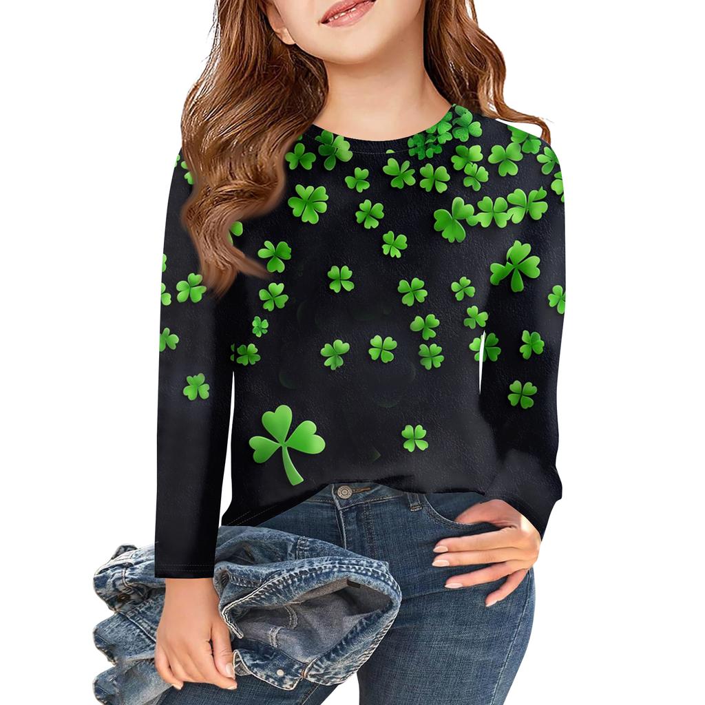 Girls Long Sleeve T Shirts Kids Fall Tops Crewneck Printed Basic Tees Saint Patrick's Day
