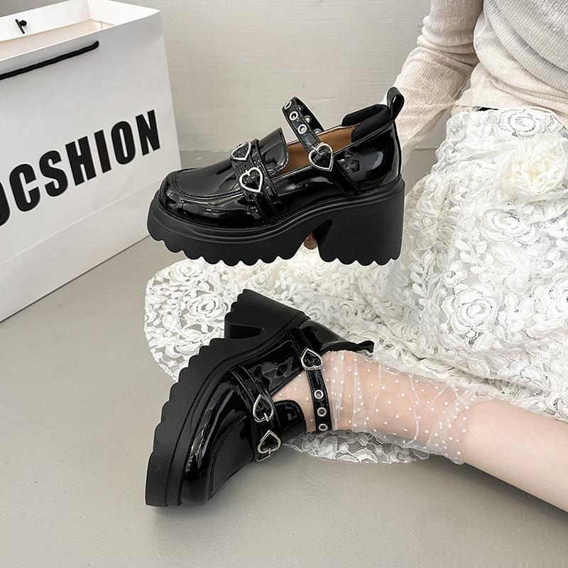 Punk Dark JK Uniform Mary Janes Thick Heel Women's Shoes Rock Chick Short Height Increase Platform Casual Shoes for Ladies