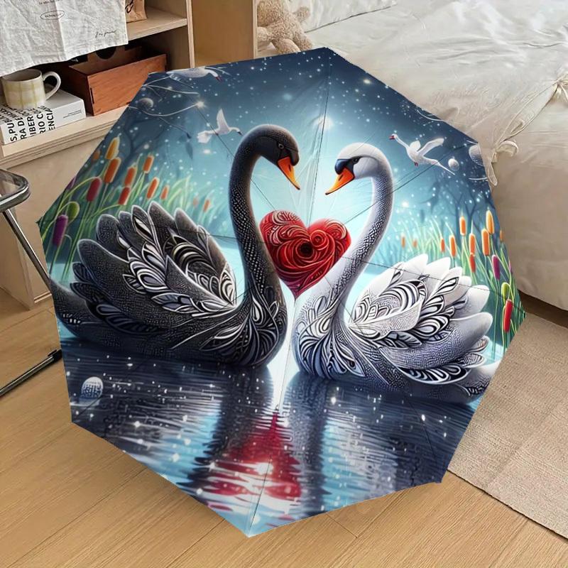 1pc Love Swans Heart Reflection Water Umbrella with Plastic Handle,Suitable for All Seasons Home Travel Outdoor UmbrellaDD594