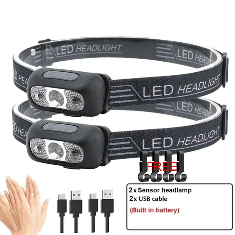 Mini Ultra-bright Sensor Industrial Headlamp USB Rechargeable Head Flashlight for Outdoor Camping Fishing Emergency Lantern