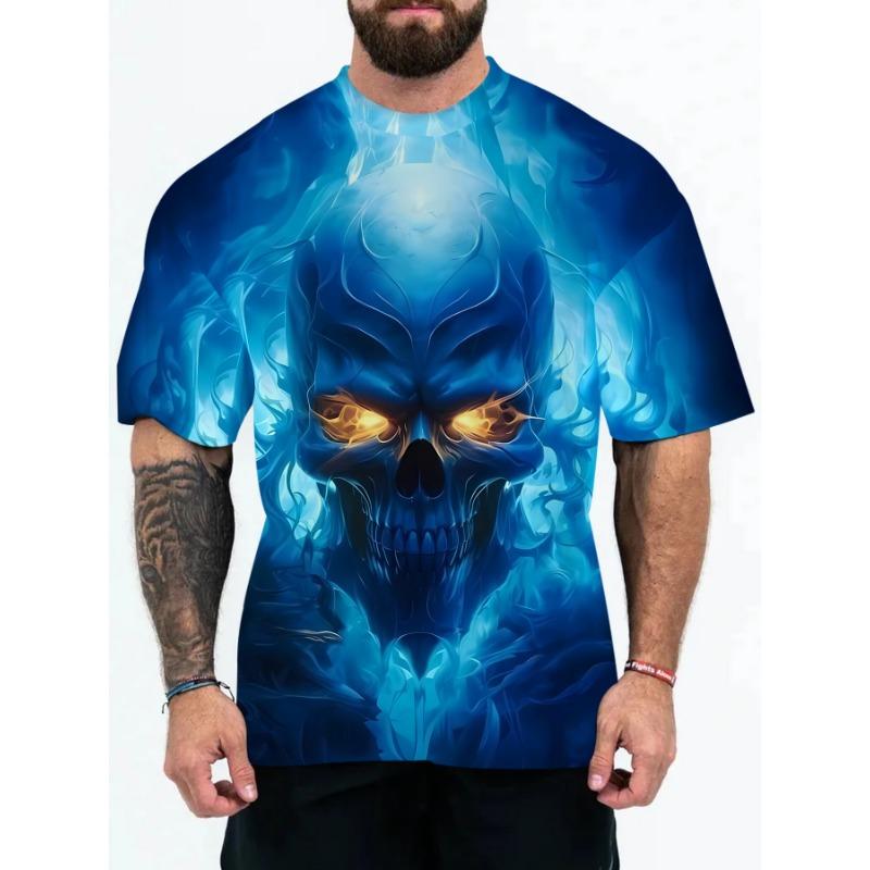 Loose 3D Digital Scary Skull Series Printed Summer Casual Round Neck Short Sleeve T-Shirts Men’s