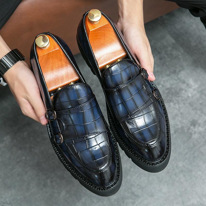 

Leather shoes men s 2025 autumn youth British style platform big head tooling loafers casual groom wedding shoes 46 синий