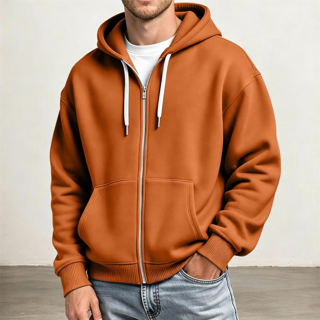 Men's Full Zip Hoodie Drop Shoulder Sleeves, Casual Long Sleeve Sweatshirt for Everyday Wear