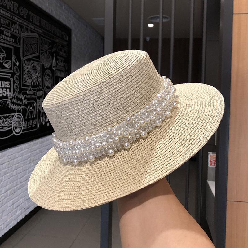 Fashion Summer Women Wide Brim Straw Hat Chapeau Female Sun Hats Boater Pearl Accessories Panama Beach Hat Sombrero Mujer Fedora
