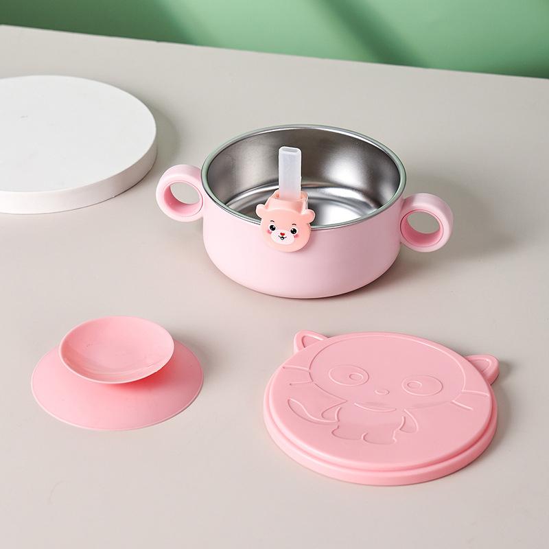 Baby Stainless Steel Feeding Food Tableware Suction Cup Non-slip Bowl Spoon Fork Straw Set Toddler Dinnerware