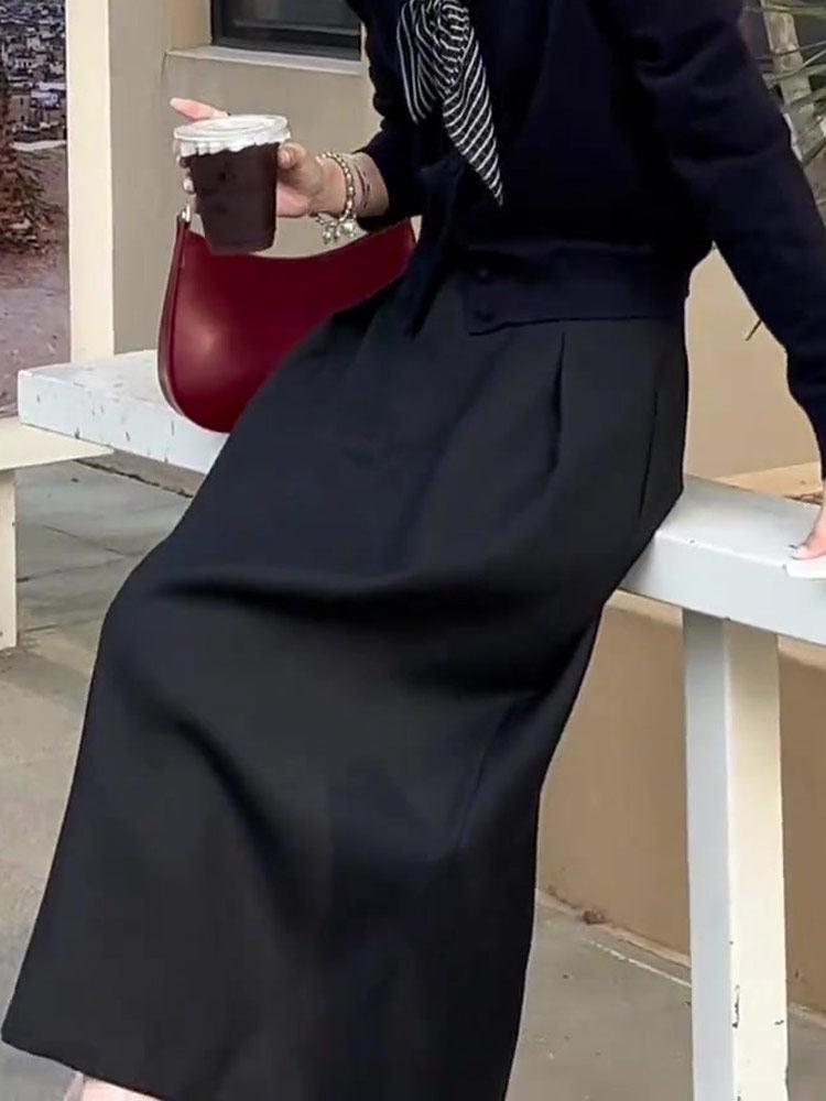 Women's Black Tulip High-Waist Skirt - Slimming, Plus Size, 2025 Autumn/Winter Fashion