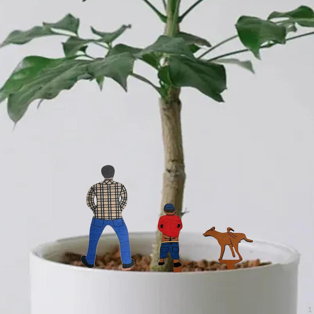 3 Pieces Potted Plant Wooden Plaque Garden Decoration Dad, Son and Dog Ornament Creative Fun