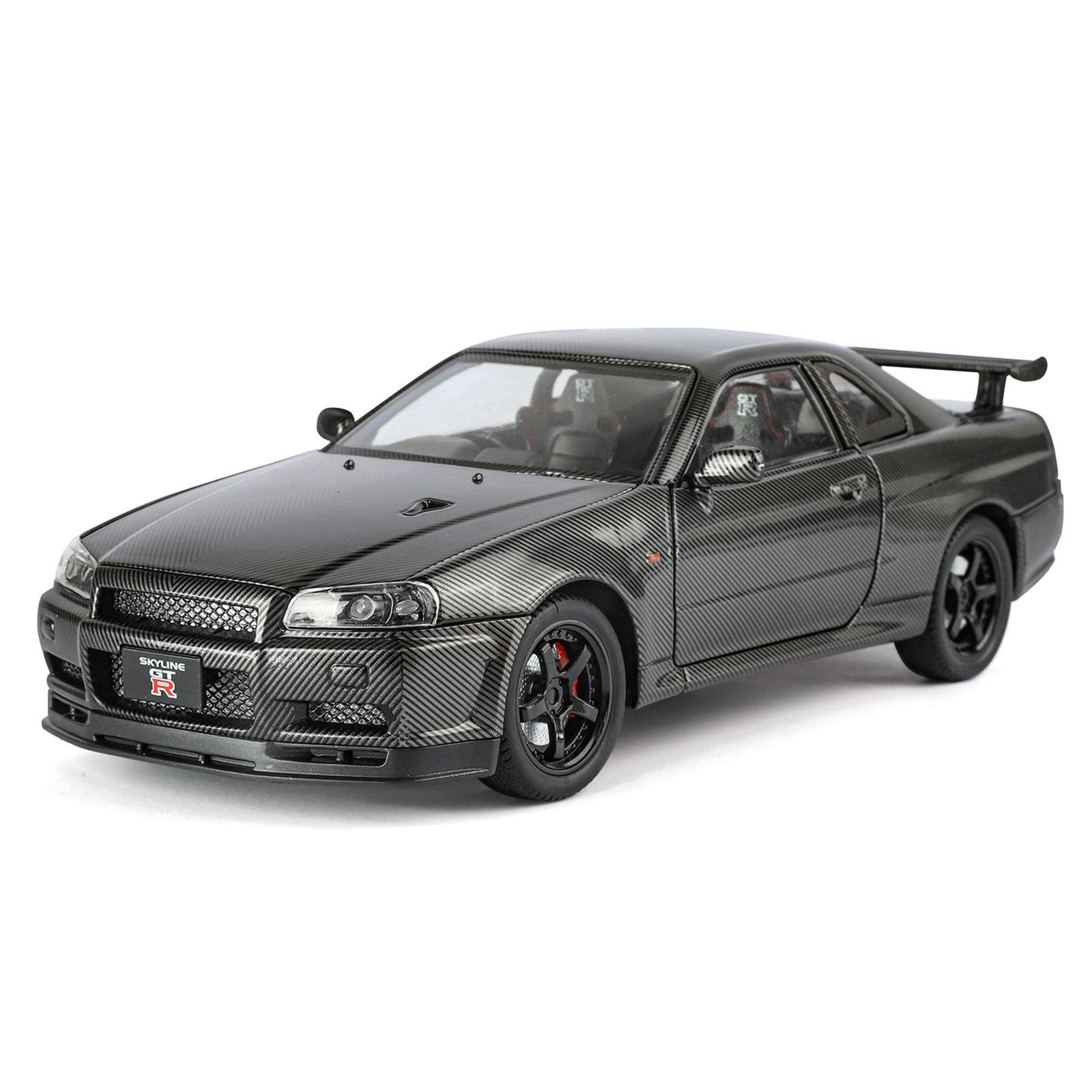 

Модель автомобиля Nissan GTR-R34 в масштабе 1/24, версия из углеволокна, имитация звука и света, амортизация шин, коллекционный сувенир в подарок чёрный