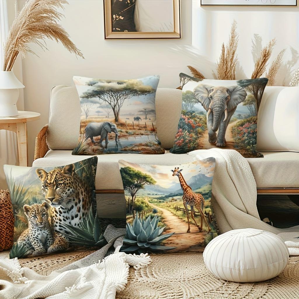 1/4pcs African Wildlife Safari Throw Pillow Covers Wild Animal Leopard Elephant Giraffe Home Decor Cushion Cover
