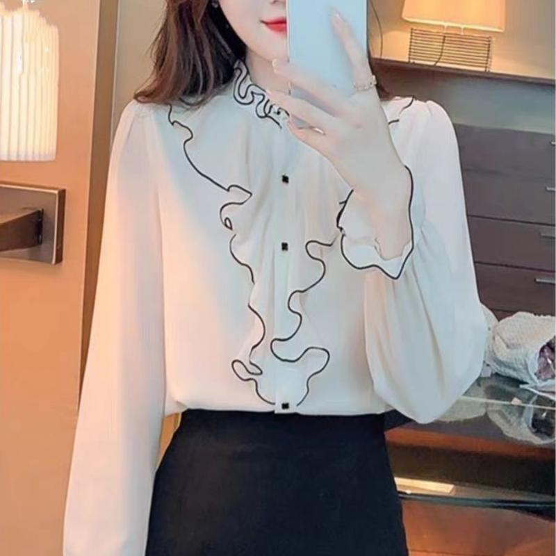 Fashion Flare Sleeve Chiffon Blouse New White Shirt Spring Autumn Ruffle Edge Long Sleeve Bottoming Shirt M-2XL