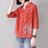 Moda Donna Nuova Camicia con Revers a Mezza Manica Top a Manica a Tre Quarti Cardigan da Donna Stampato con Bottoni e Patchwork