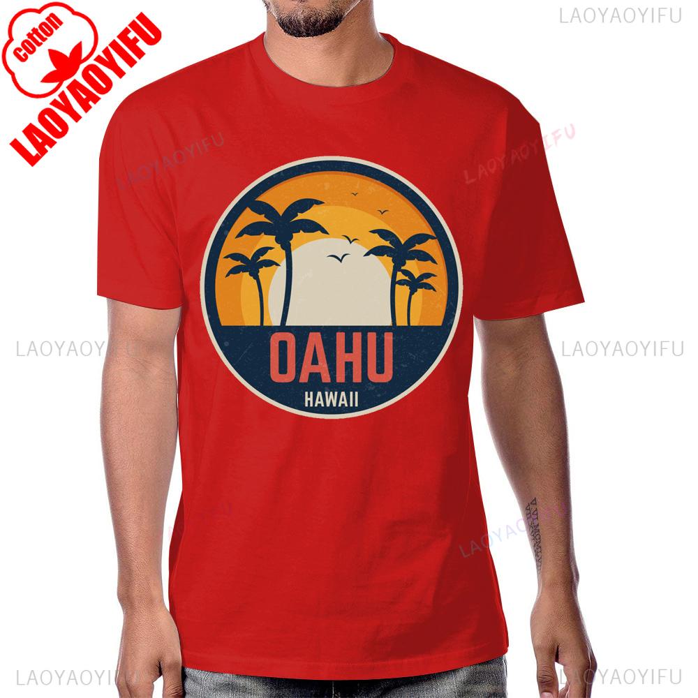 Coconut Tree Beach Sunset OAHU HAWAII Vintage Tshirt Summer Style Short Sleeve Man Tshirt Harajuku Breathe Comfort Cotton Tees