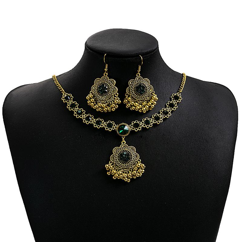 European, American Bohemian Diamond Pearl Earrings, Ethnic Style Turquoise Fringed Necklace Flower Jewelry Set Women