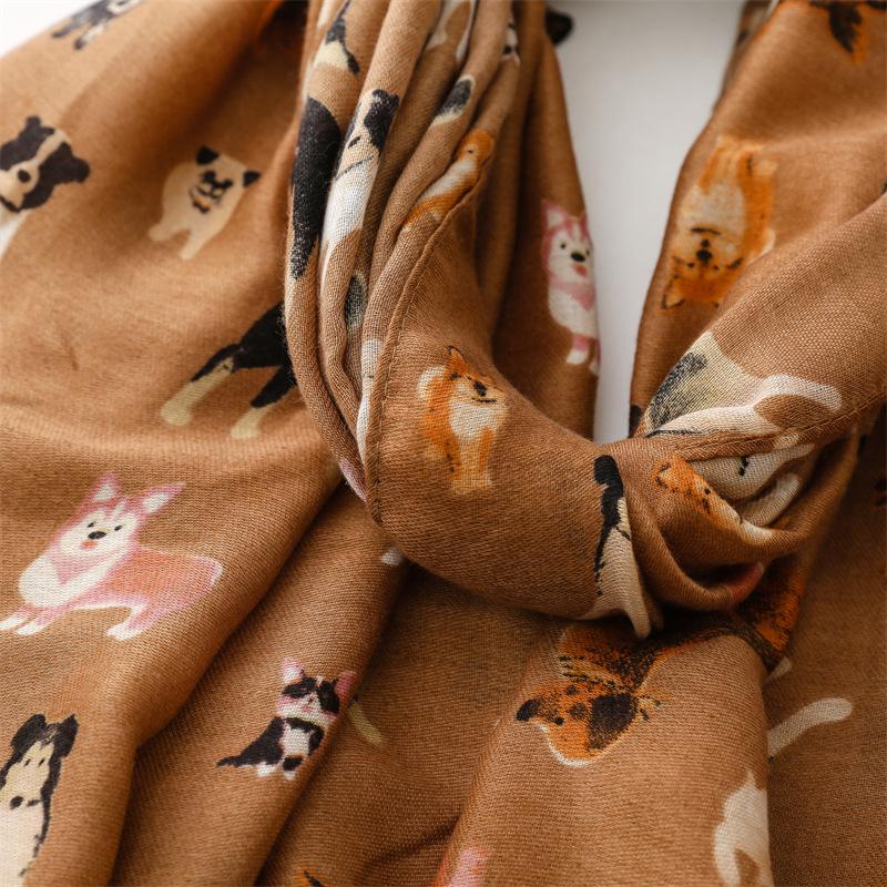 Autumn/Winter Cotton Linen Feel Scarf with Cute Dog Design - Women's Warm Shawl
