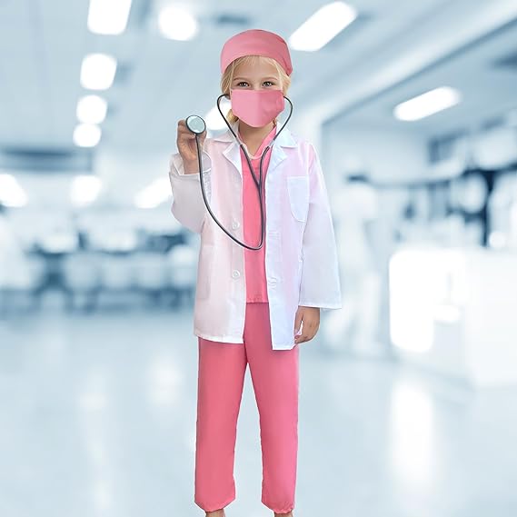 Set de Disfraz de Doctor para Niños con Estetoscopio de Juguete y Placa de Identificación, Tejido Fino, 120 cm, 4-5 Años, Blanco/Rosa