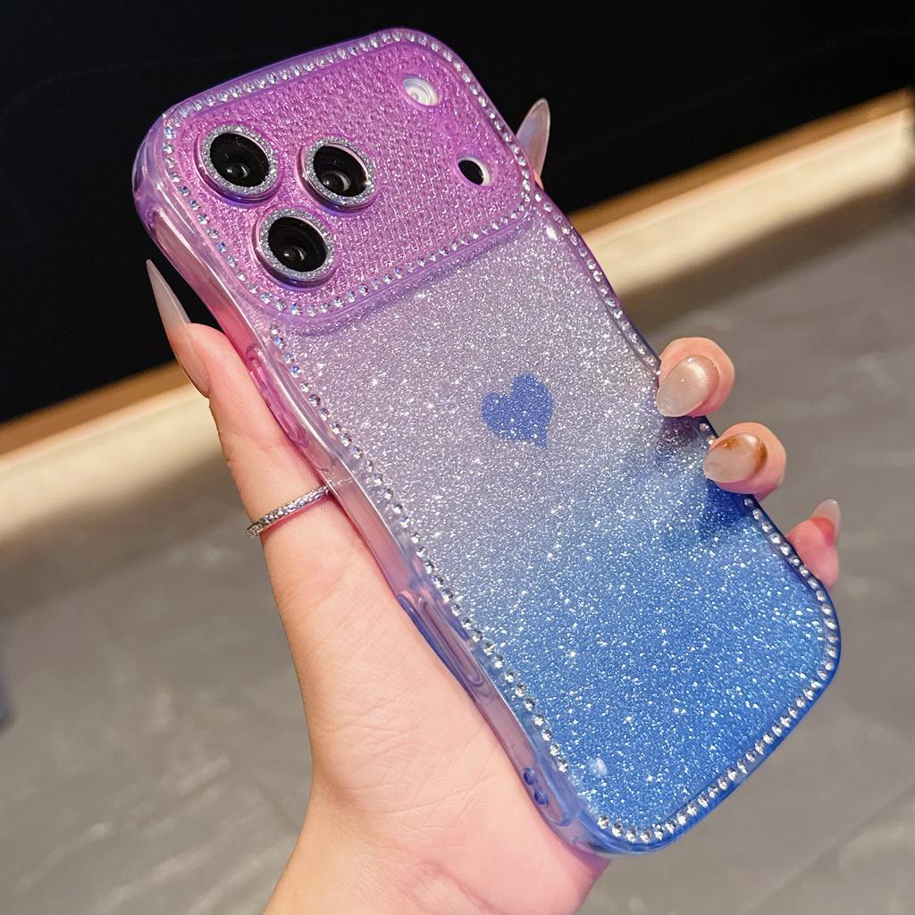 For iPhone 17 Pro Case Sparkle Rhinestone Decor TPU Phone Cover with Glitter Gradient Card