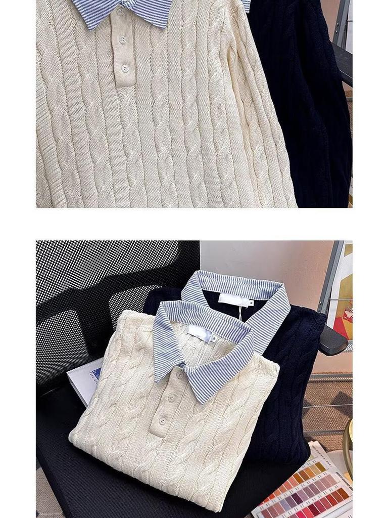 American Style Striped Cable Knit Polo Sweater - Men's Trendy Two-Piece Patchwork with Cleanfit Design