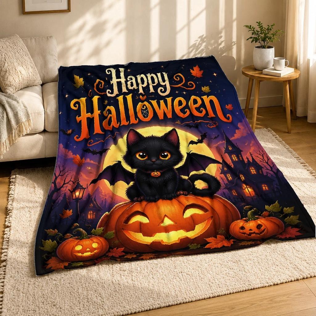 Black Kitten On Pumpkin Coral Fleece Blanket Happy Halloween Decor