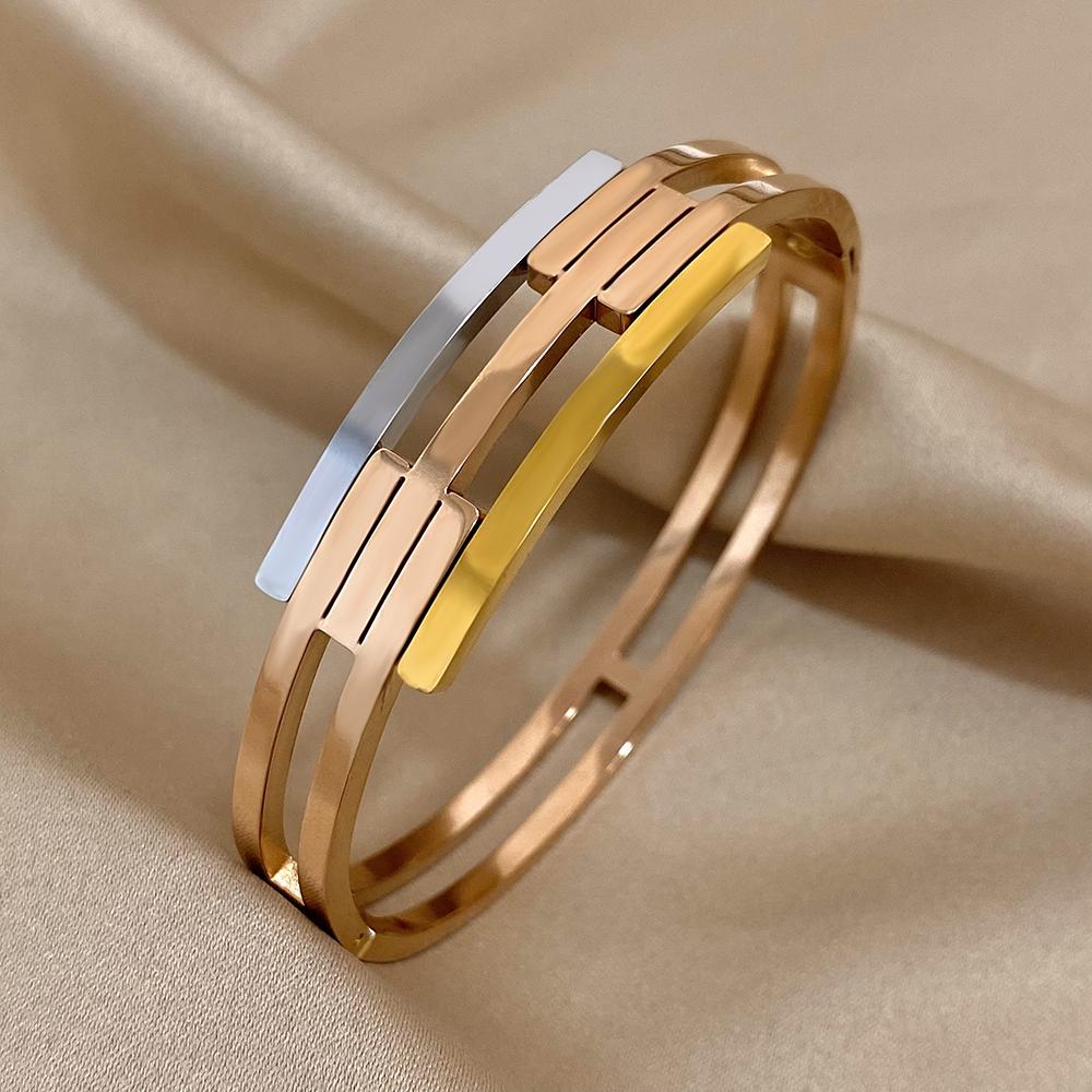 Stainless Steel Chunky Geometric Intersect Bracelets for Women Men Layered Gold Silver Color Rose Gold Hit Colors Bangles