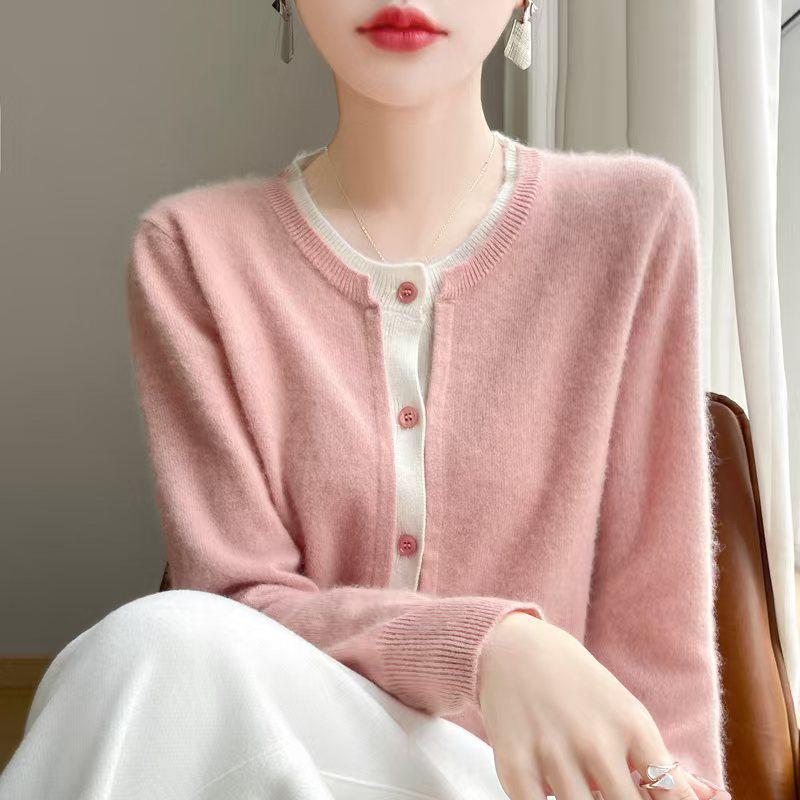 2024 A/W Women's Faux Two-Piece Wool Knit Patchwork Cardigan - Color Block, Loose Fit, Short Stylish Sweater Jacket