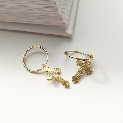 S925 Silver Gold Cross Hoop Earrings 1 Pair P0908W