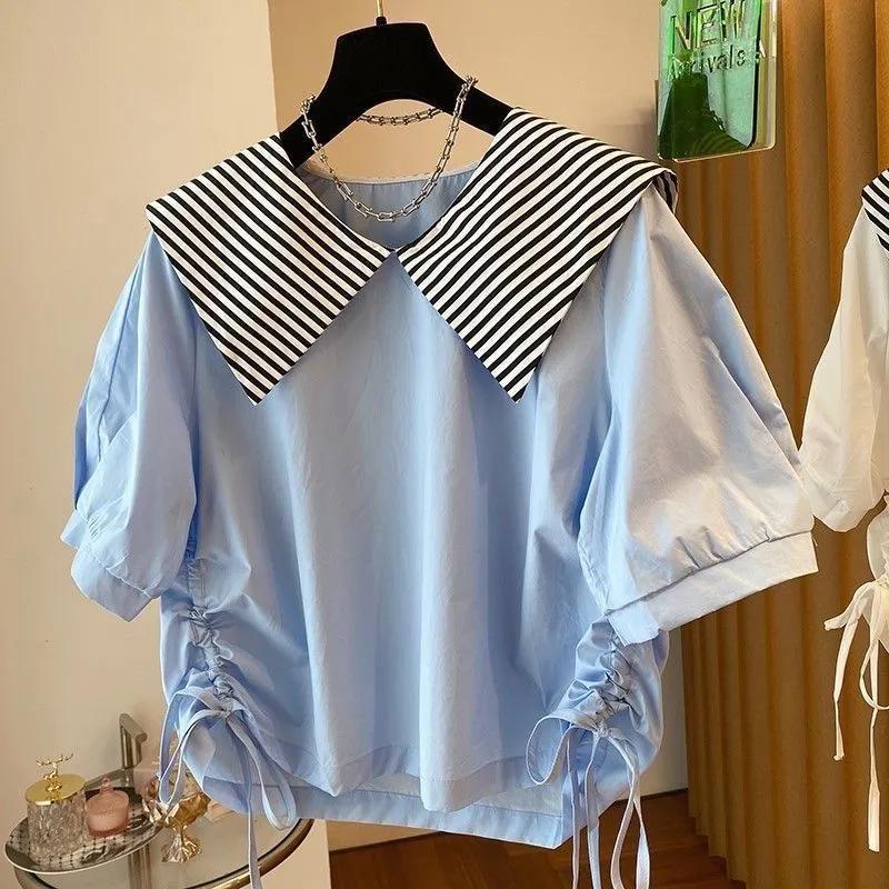 Women's Summer Korean-style Striped Collar Drawstring Shirt Academic Style Doll Collar Youthful Comfortable Top