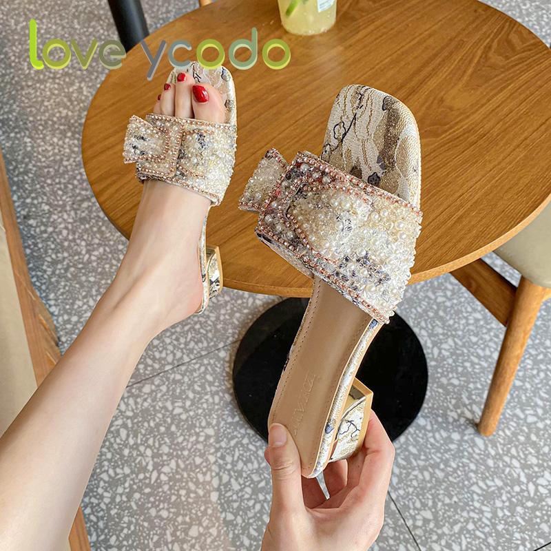 Women's Summer Fashion Slippers, Sequin Bow Decorative Print Trend Wear