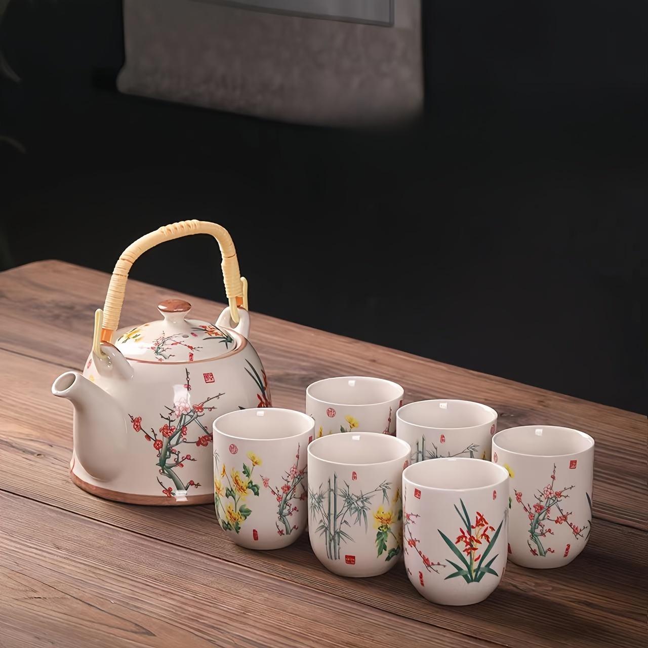 

1 комплект, керамический чайный сервиз с древней китайской росписью тушью, 7 шт., чайник большой емкости с чашками для чая, сервиз послеобеденного чая, подарок для любителей чая, чайные аксессуары Plum, Orchid, Bamboo And Chrysanthemum