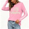 Women's Fashion Long Sleeve Neck Top with Rugby Graphic Print and Slit Hem