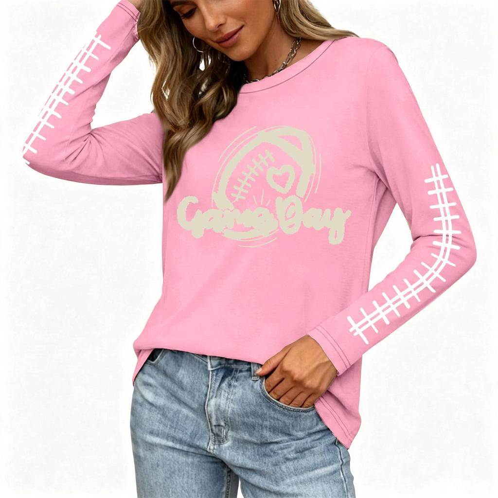 Women's Fashion Long Sleeve Neck Top with Rugby Graphic Print and Slit Hem