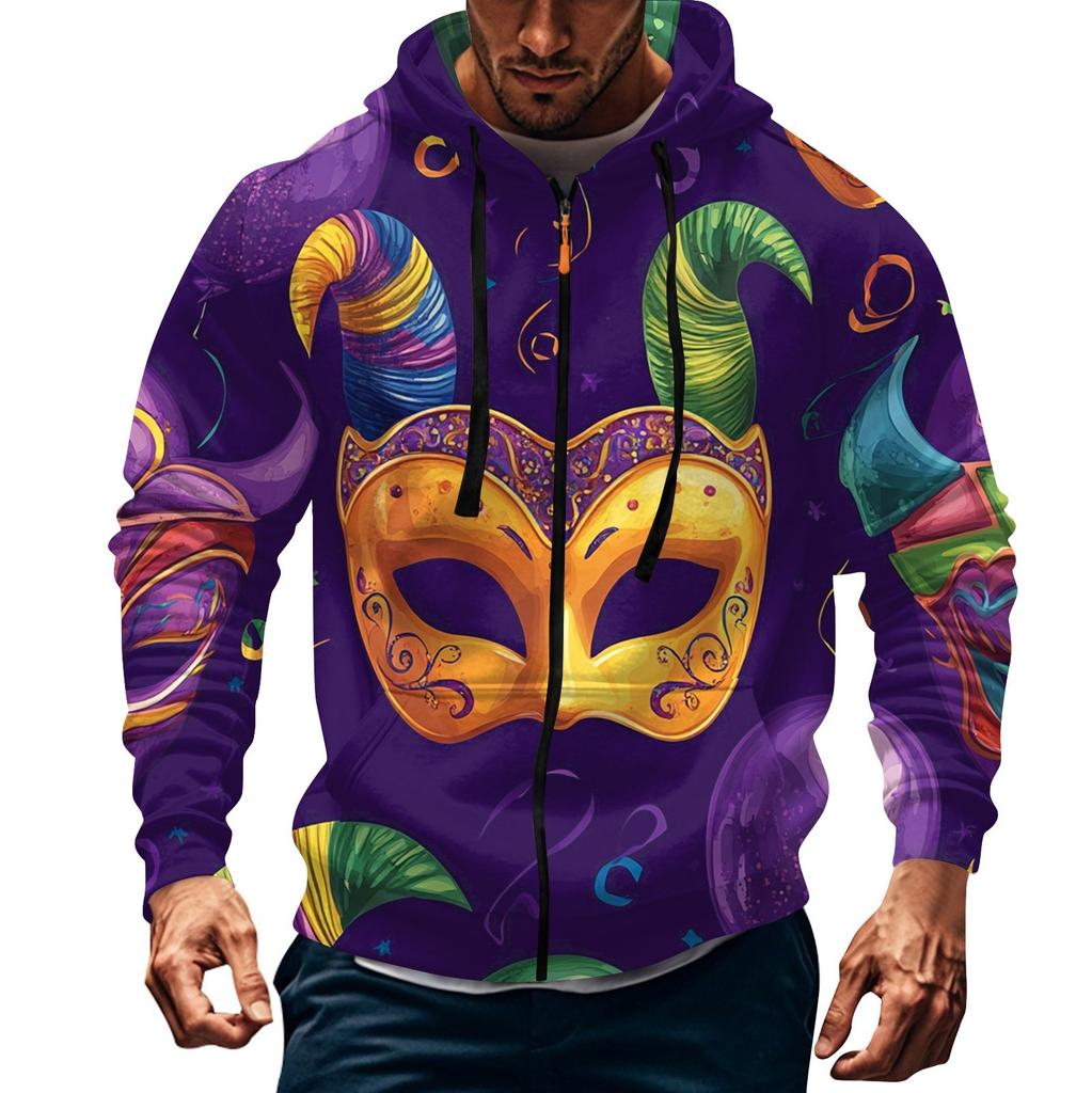 Men's Sports Casual Fleece Hoodie Carnival Print Hoodie Cardigan Zipper Multi-pocket Hoodie Coat
