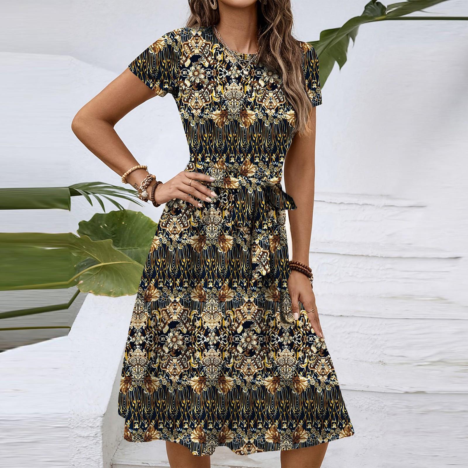 

Женское модное ретро-платье с принтом и цветным поясом M тёмно-синий