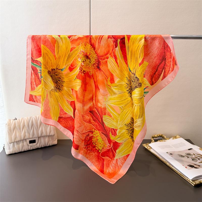 New Floral Print Square Silk Scarf For Women Headscarves Summer Foulard Bandana Hijab Headscarf Neck Tie Soft Neckerchief