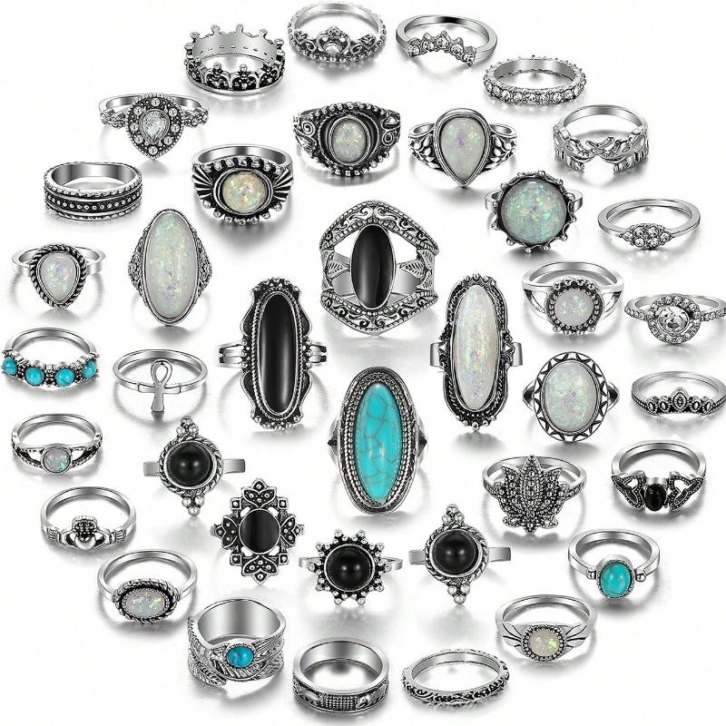 39pcs Bohemian Vintage Style Ring Set - Mixed With Simulated Diamond & Crystal, Suitable For Daily Fashion And Festival Nights (No Box)