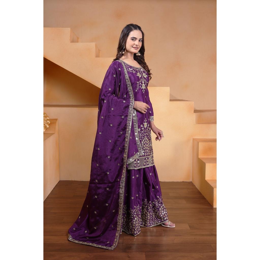 Presenting  New Designer Embroidered Chinon Sharara Suit With Sequence Embroidered Work